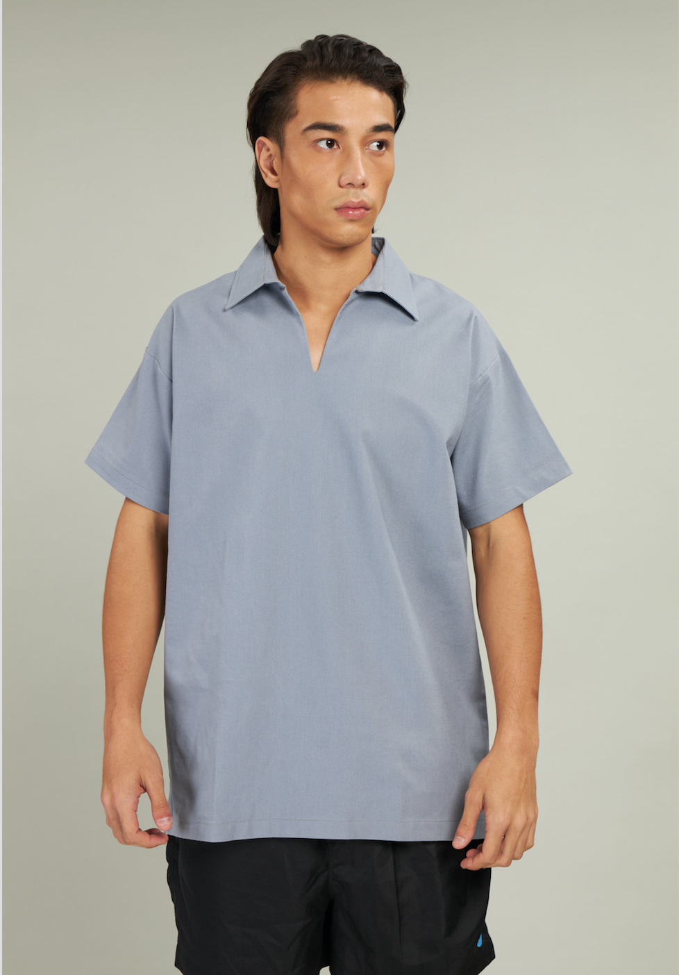 Gray V-Neck Linen Polo